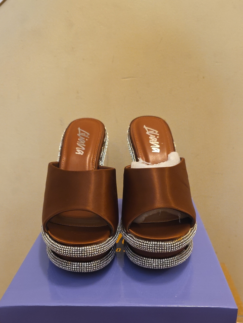 Liliana Brown Satin Slide Sandals with Rhinestone Platform